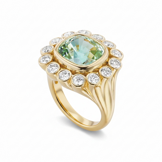 Cushion Green Tourmaline Lab Diamond Cluster Ring, view 2