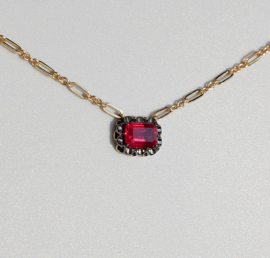 Lab Ruby Gold Trombone Chain Necklace, 18K Gold, view 2