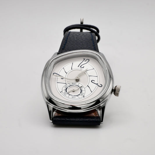 Men's White Gold and Navy Leather Strap Barrel Vintage Inspired Watch | by Disco Marshmallow