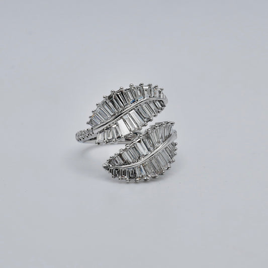 Double palm leaf ring with baguette lab diamonds in 18K white gold, view 2