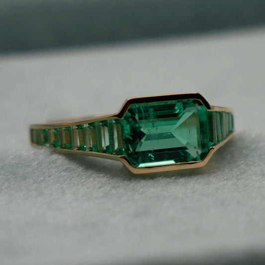 Caliber Step Cut Lab Grown Colombian Emerald Ring, view 2
