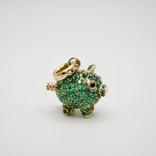 Baby Piggy Bank Charm Pendant with Lab Grown Emeralds, 9K Gold, view 2