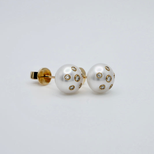 Freshwater Pearl Stud Earrings with Embedded Lab Diamonds in 14K or 18K Gold
