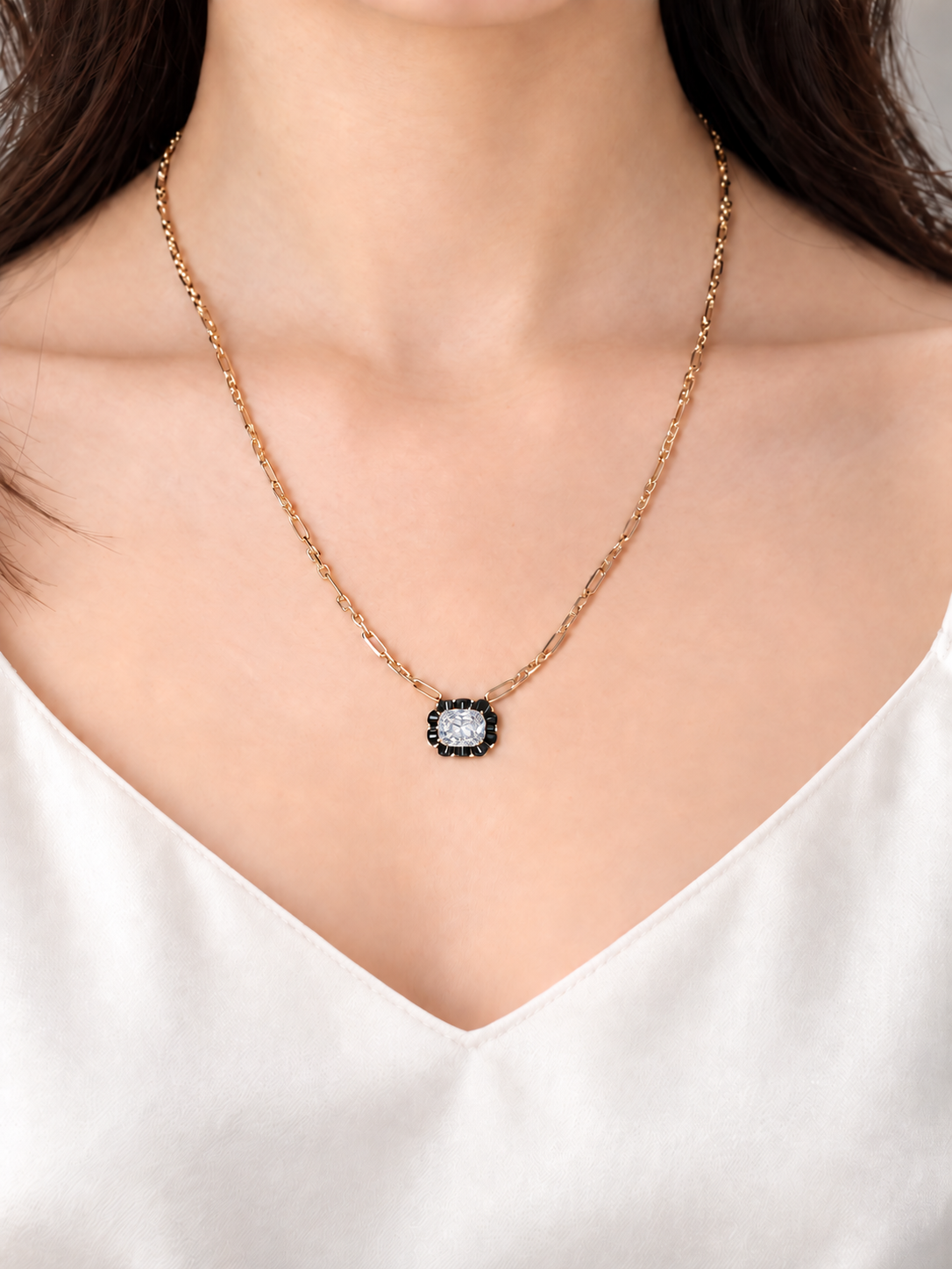 Cushion Cut Lab Diamond Gold Trombone Chain Necklace, 18K Gold