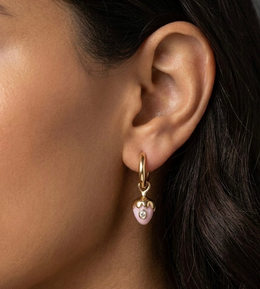 Strawberry Huggie Hoop Earrings with Carved Pink Opal and Lab Diamonds in 14K or 18K Gold