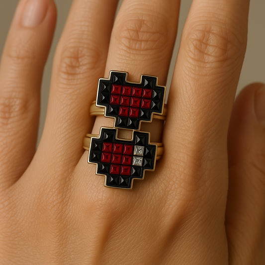 Pixel Heart Health Indicator Ring Stack with Lab Rubies and Moissanites, view 2