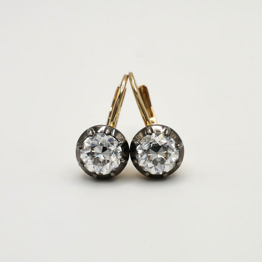 2 carat (6.5 mm) Round Moissanite Georgian Victorian Blackened 14K Gold Earrings - discomarshmallow