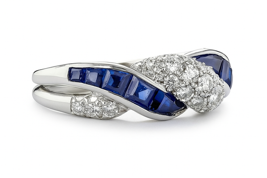 Platinum Lab Diamonds and Caliber Cut Sapphire Twist Ring, view 2