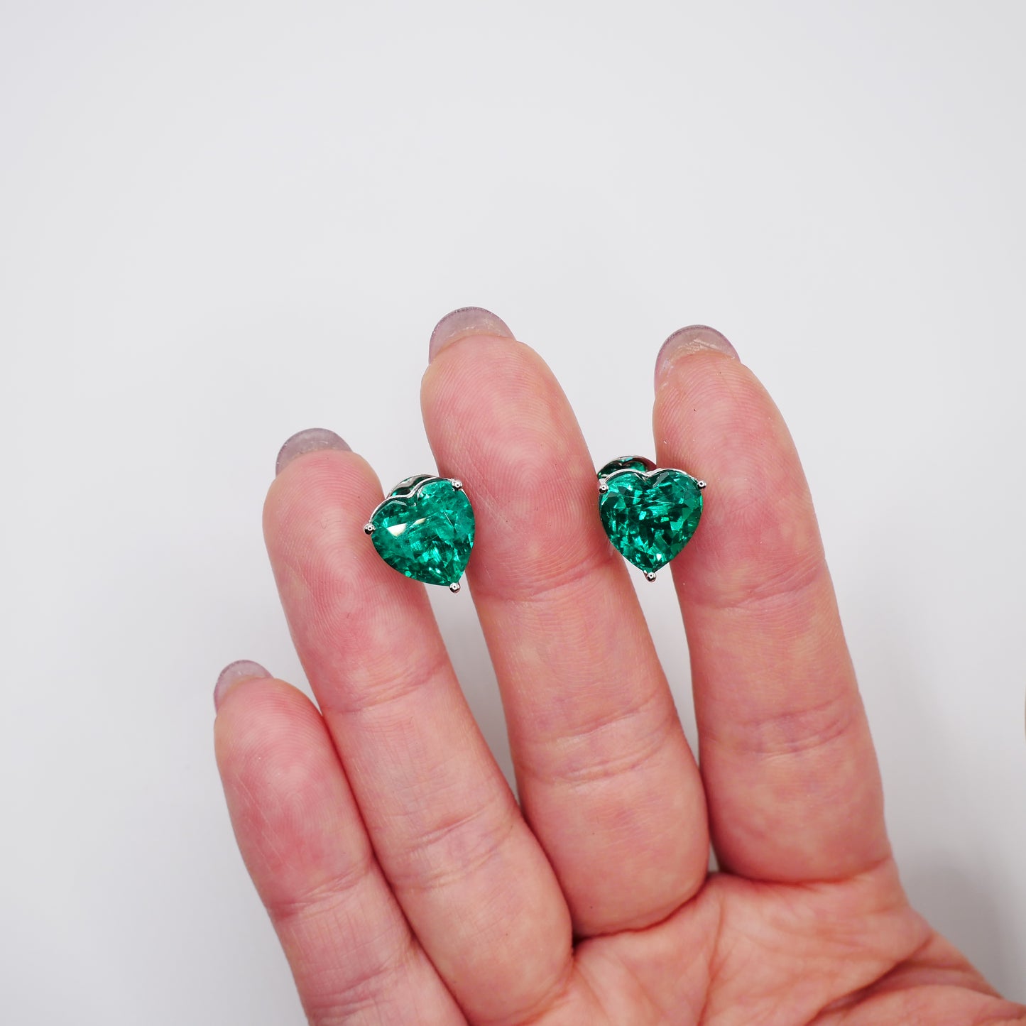 Heart Shaped Lab Grown Emerald Stud Earrings in 14K or 18K Gold, view 6