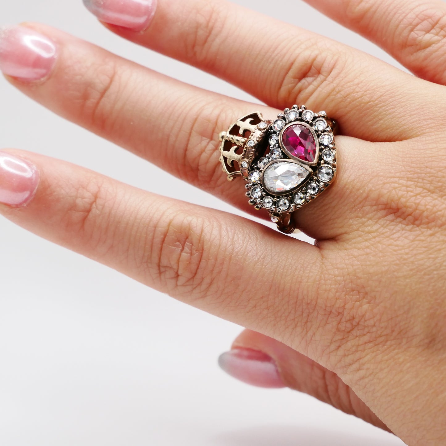 Georgian Crowned Twin Heart Ring with Rose Cut Lab Ruby and Moissanite, view 7