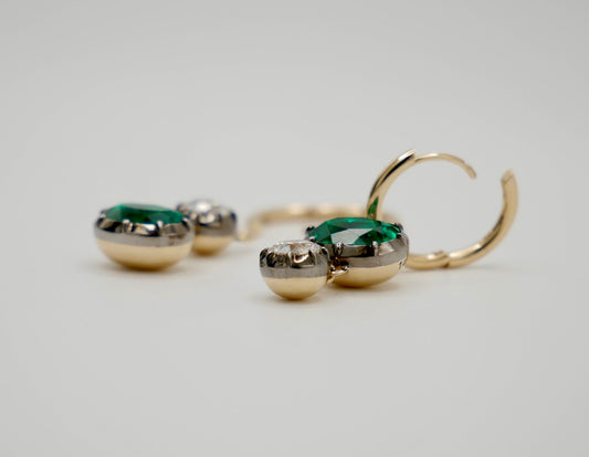 Oval Emerald and Round Moissanite Georgian Victorian Mismatched or Gold Hoop Earrings, view 2