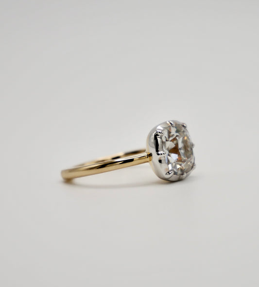 Old Mine Cut Georgian Victorian Moissanite Ring and Gold Button Setting with European Shank, 14K Gold, view 2