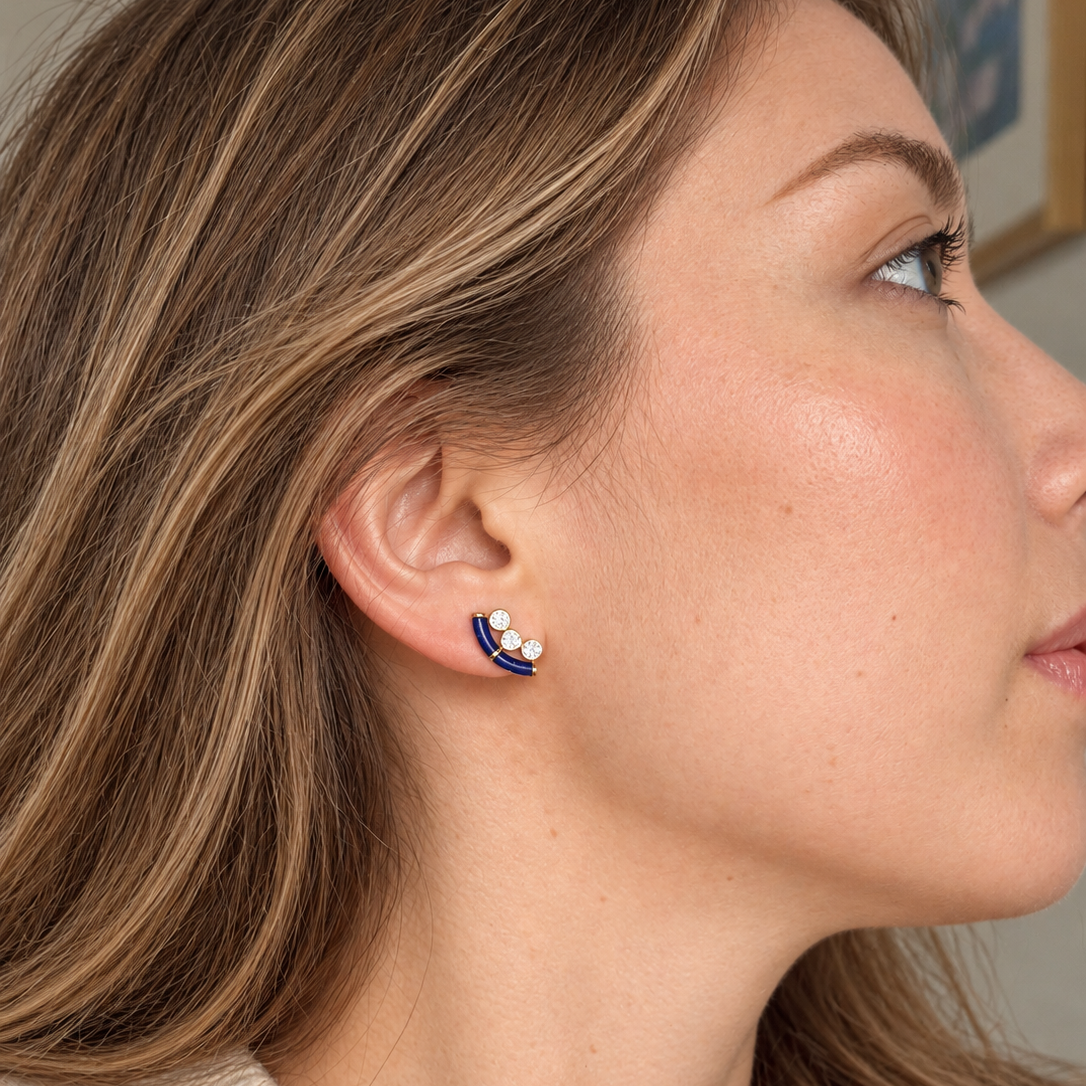 Lapis Lazuli and Lab Grown Diamond Arc Stud Earrings, 14K or 18K Gold
