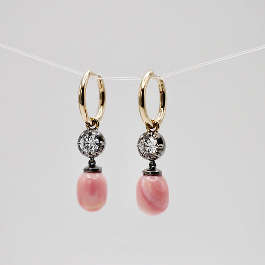 Hoop Earrings with Round Lab Diamonds and Conch Pearls, view 2