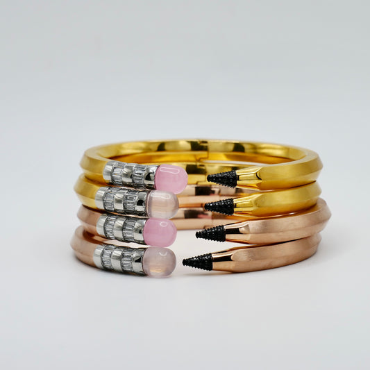 Pencil Bangle with Moissanite and Pink Nephrite, 18K Gold Filled, Ready to Ship