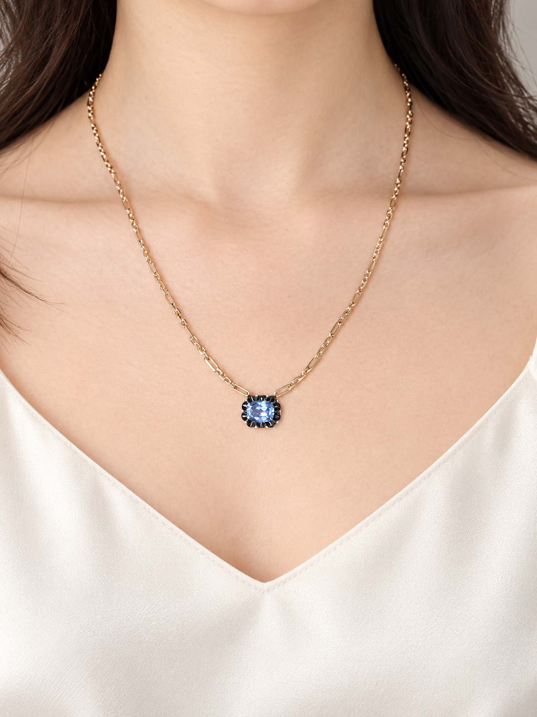 Lab Sapphire Gold Trombone Chain Necklace, 18K Gold