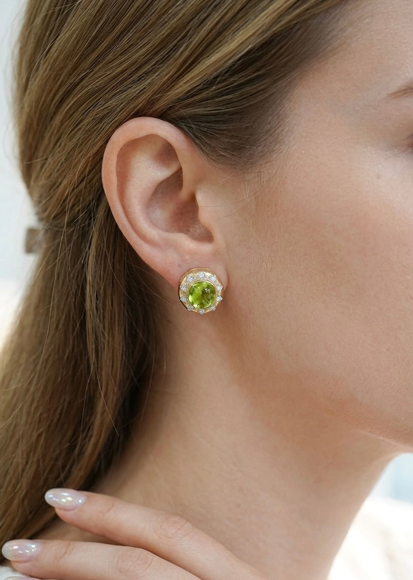 Peridot Cabochon and Natural Diamond Halo Earrings, 18K Gold