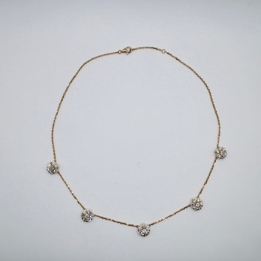 18K gold station necklace with five lab grown diamond flower clusters, 16.5 inches long
