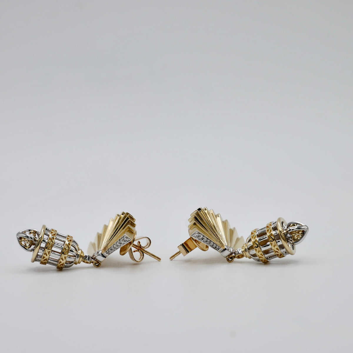Art Deco Fan Drop Earrings, 14K or 18K Gold and Moissanite