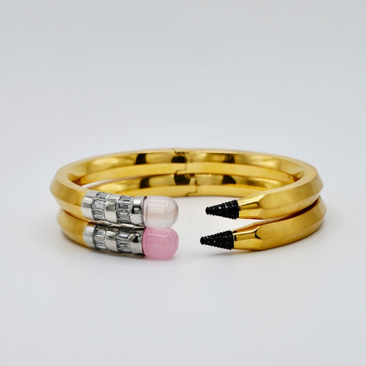 Pencil Bangle with Moissanite and Pink Nephrite, 18K Gold Filled, Ready to Ship
