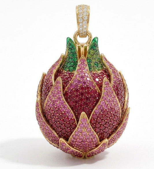 Dragonfruit Pendant Charm Pavé Ruby Emerald Moissanite