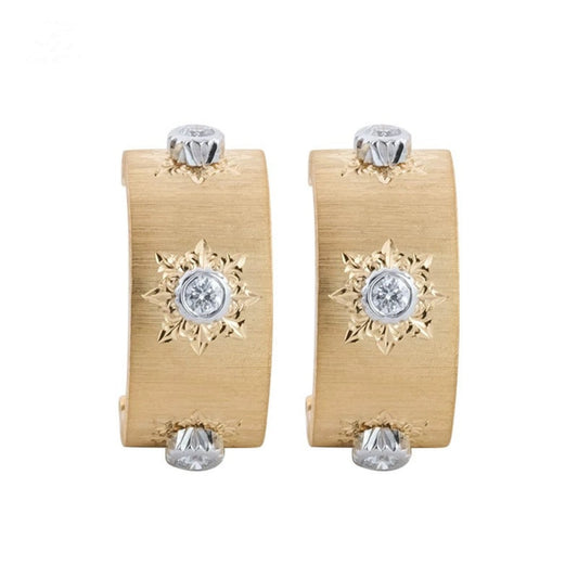 18K Gold Engraved Fabric Silk Diamond Huggies or Hoop Earrings - discomarshmallow