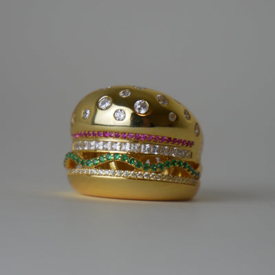 Plated Hamburger or Veggie Burger Ring, 18K Yellow Gold