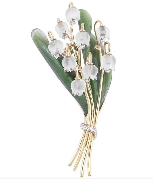 Rock Crystal, Diamond, Nephrite and Gold Lily of the Valley Brooch, 18K Gold, view 2