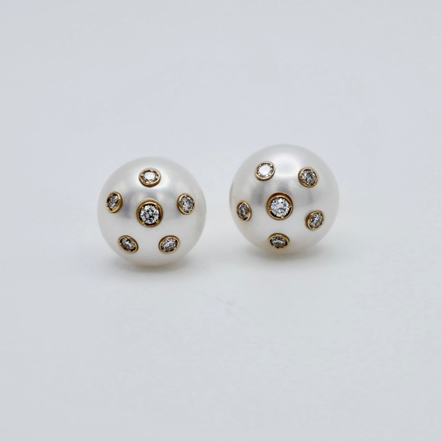 Freshwater Pearl Stud Earrings with Embedded Lab Diamonds in 14K or 18K Gold