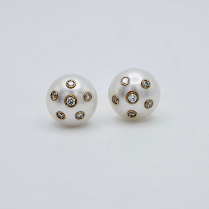Freshwater Pearl Stud Earrings with Embedded Lab Diamonds in 14K or 18K Gold