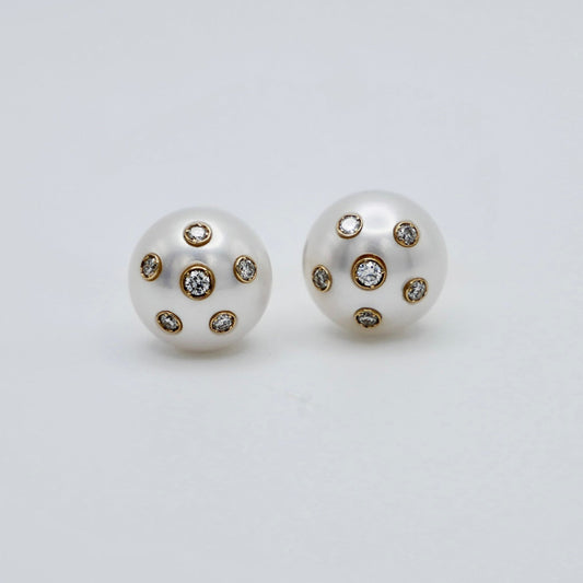 Freshwater Pearl Stud Earrings with Embedded Lab Diamonds in 14K or 18K Gold