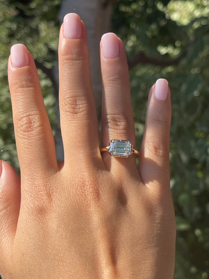 Georgian Victorian Moissanite Platinum and Gold Elongated East West Button Back Collet Ring, view 6
