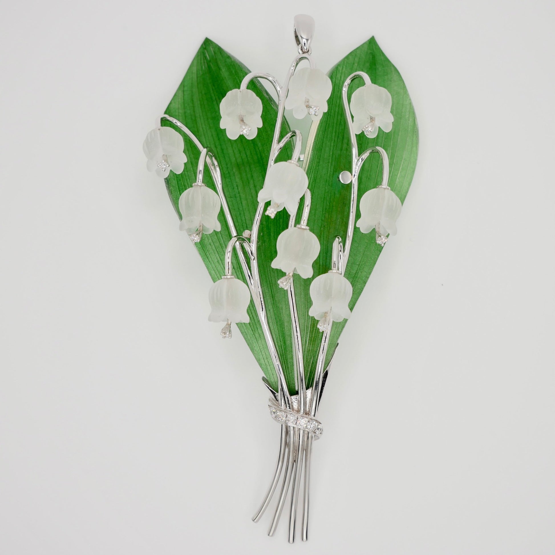 Nephrite Jade Rock Crystal Diamond Lily of the Valley Pendant