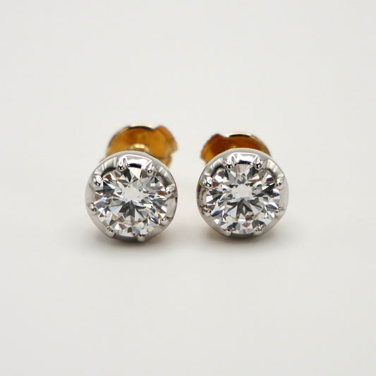 Georgian Victorian Hexagon Round Lab Diamond Stud Earrings in White and Yellow Gold