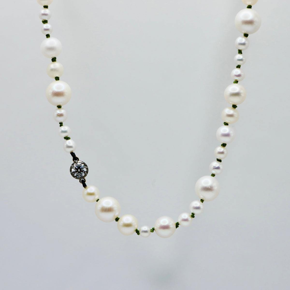 Graduated Freshwater Pearl Necklace with Georgian Set Lab Diamond on Silk Cord, 14K Gold, Ready to Ship