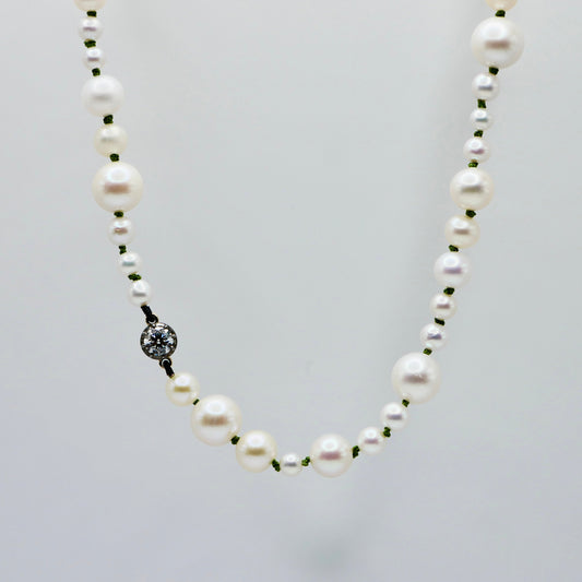 Graduated Freshwater Pearl Necklace with Georgian Set Lab Diamond on Silk Cord, 14K Gold, Ready to Ship