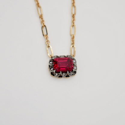 Lab Ruby Gold Trombone Chain Necklace, 18K Gold