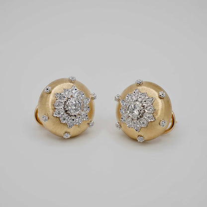 Round Engraved Gold Button Silk Diamond Earrings, 18K Gold, view 2