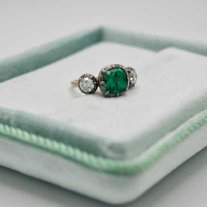 Cushion Emerald and Lab Diamond Georgian Victorian Collet Button Back Trilogy Ring, view 7