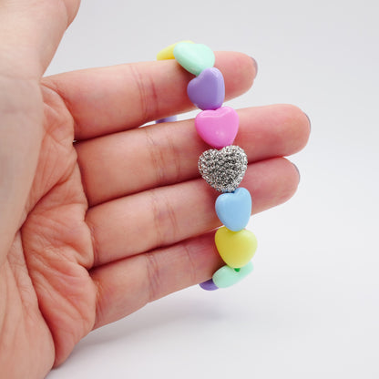 Pastel Heart Bead Stretch Bracelet with Heart Bead, 18K Gold Filled with Pave Moissanites, Ready to Ship