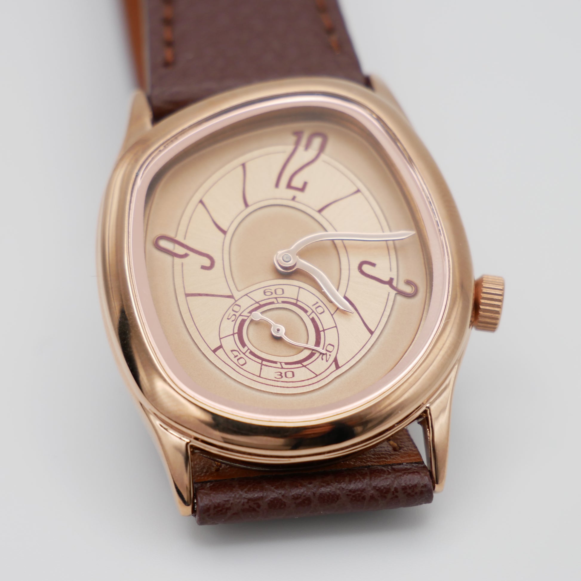 Men's Rose Gold and Brown Leather Strap Barrel Vintage Inspired Watch | by Disco Marshmallow