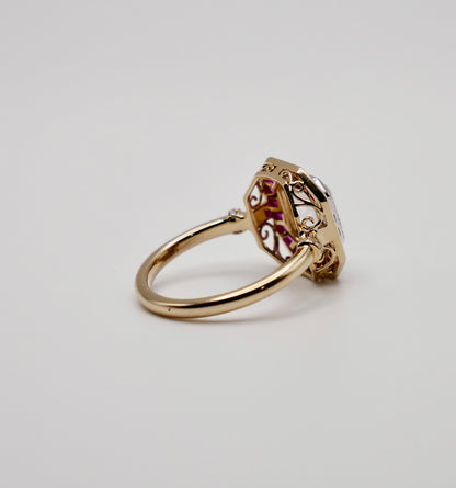 Portrait Cut Moissanite or Diamond Art Deco Ring with Caliber Cut Lab Grown Rubies, 14K Yellow Gold, view 4