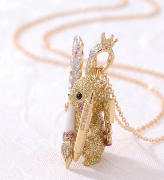 Illustrator Pikachu Pendant with Pen and Quill Pavé Moissanite Sapphire or