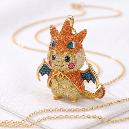 Pikachu in Charizard Poncho Pendant 3D Pavé Moissanite Sapphire 14K or 18K Gold