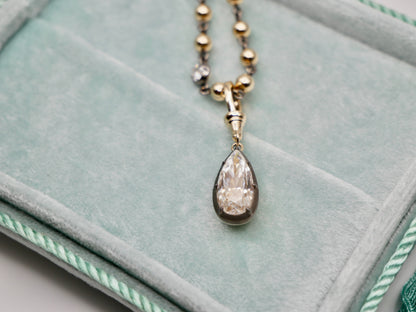 Georgian Victorian Ball Chain Elongated Pear Moissanite or Diamond Pendant, 14K Gold, view 3