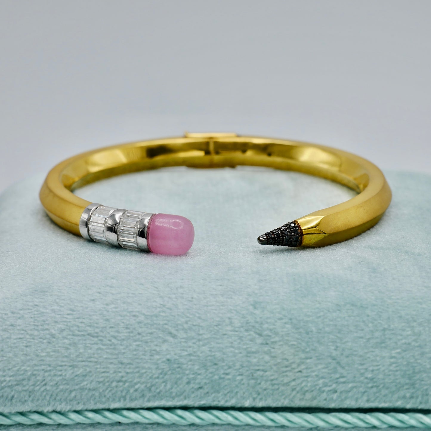 Pencil Bangle with Moissanite and Pink Nephrite, 18K Gold Filled, Size 16 cm, Ready to Ship