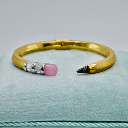 Pencil Bangle with Moissanite and Pink Nephrite, 18K Gold Filled, Size 16 cm, Ready to Ship