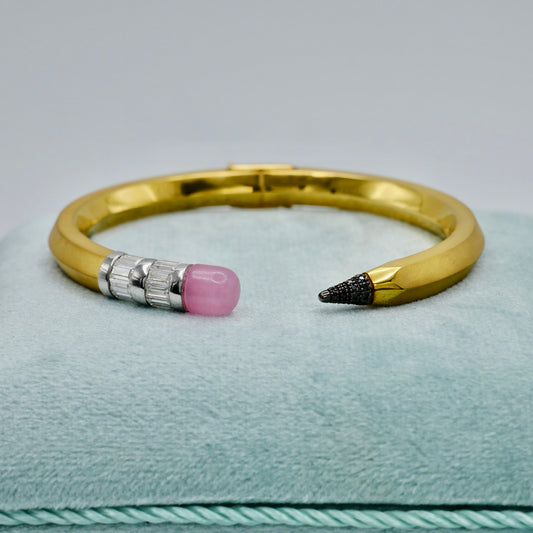 Pencil Bangle with Moissanite and Pink Nephrite, 18K Gold Filled, Size 16 cm, Ready to Ship