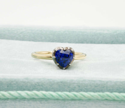 Georgian Victorian Heart Shaped Sapphire and Gold Collet Button Back Ring, view 6