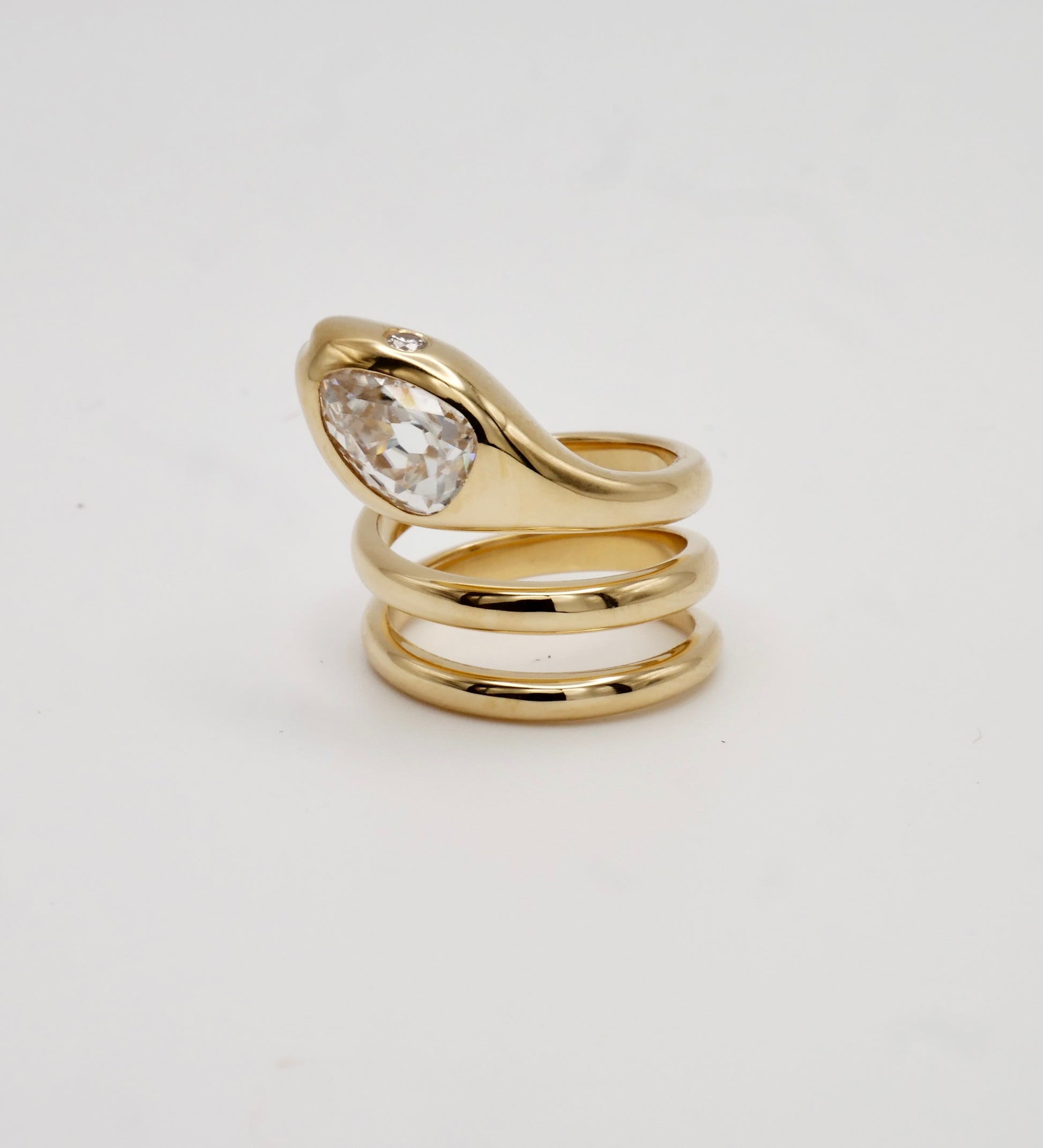 18K Yellow Gold Serpent Coil Ring with Old Mine Cut Pear Shaped Moissanite | by Disco Marshmallow | Arielle Ratner style | Tania Sarin jewelry | serpent ring | sculptural jewelry